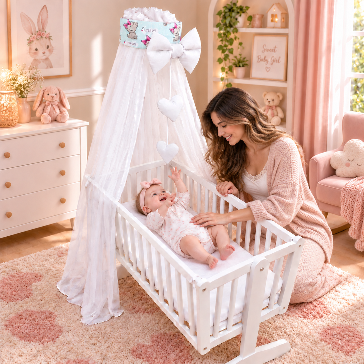 Baby Crib Canopy Mosquito Net with Holder, Decorative Bow & Hanging Hearts – Teddy Girl Mint