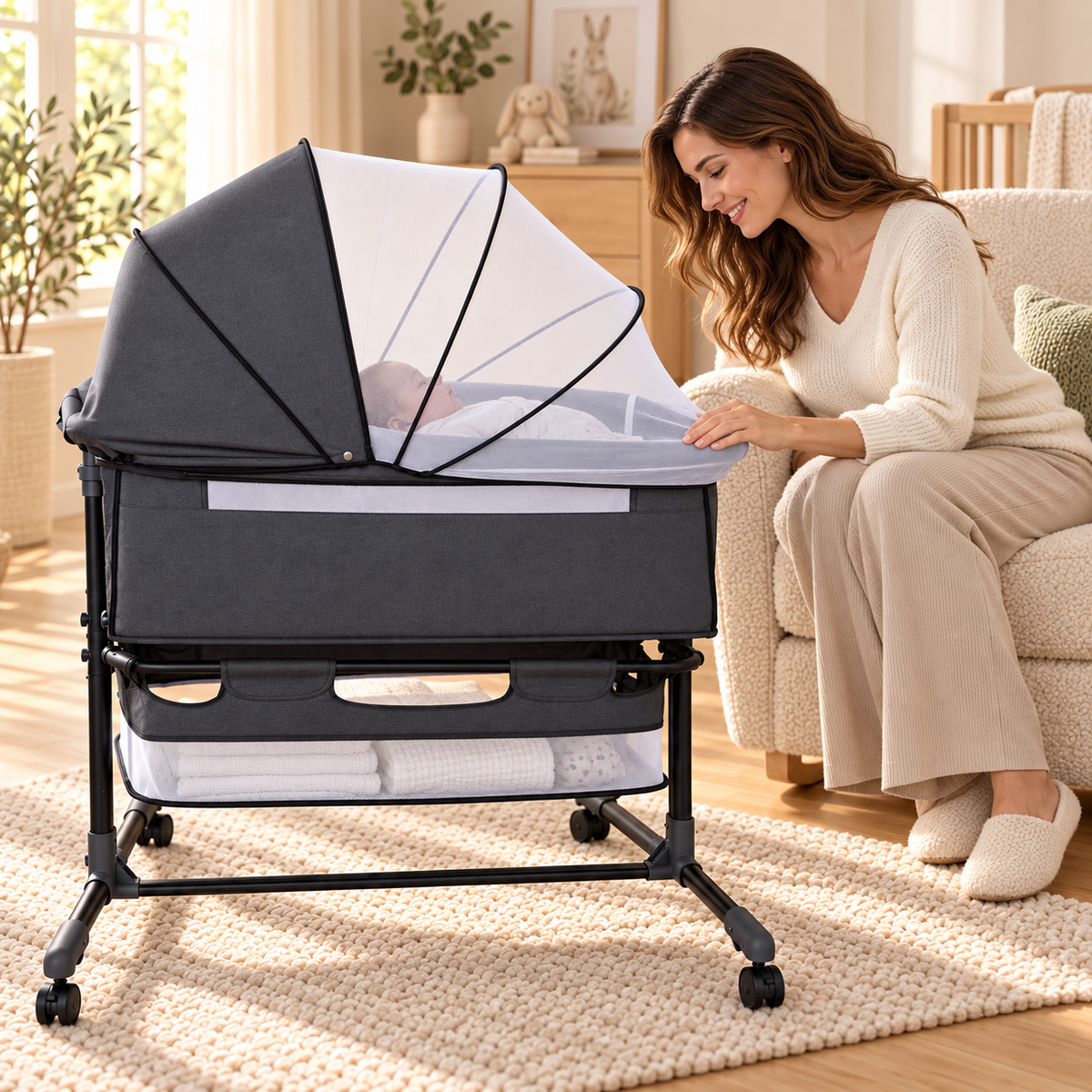 BABYMAM Milo Folding Bedside Crib with Mattress, Mosquito Net & Storage Basket – Grey