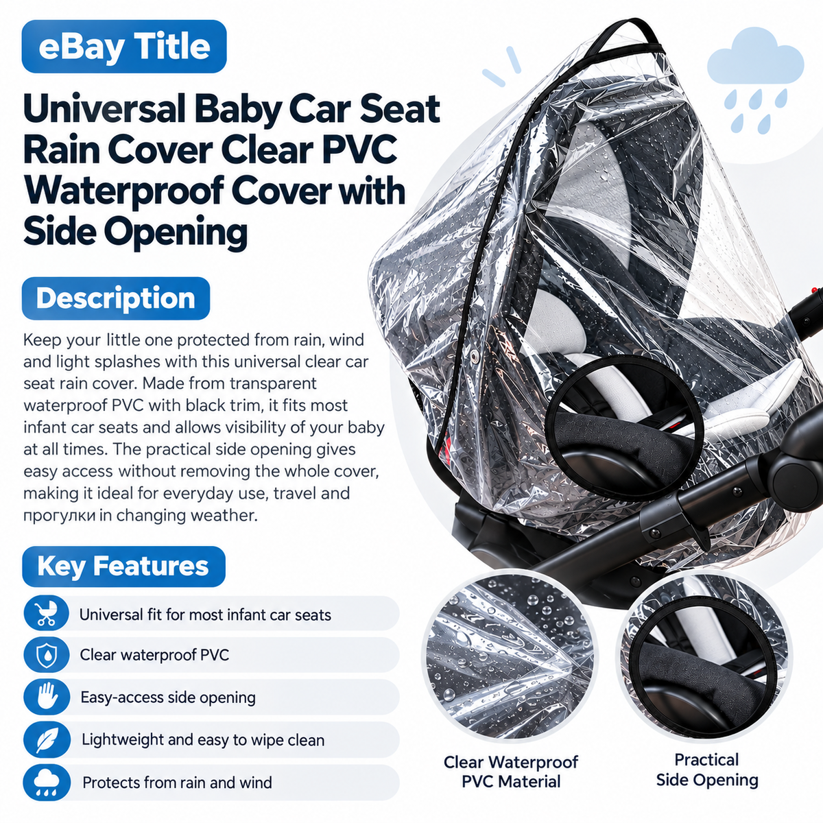 Baby Car Seat Rain Cover Clear Waterproof PVC Infant Carrier Rainhood with Ventilation Opening