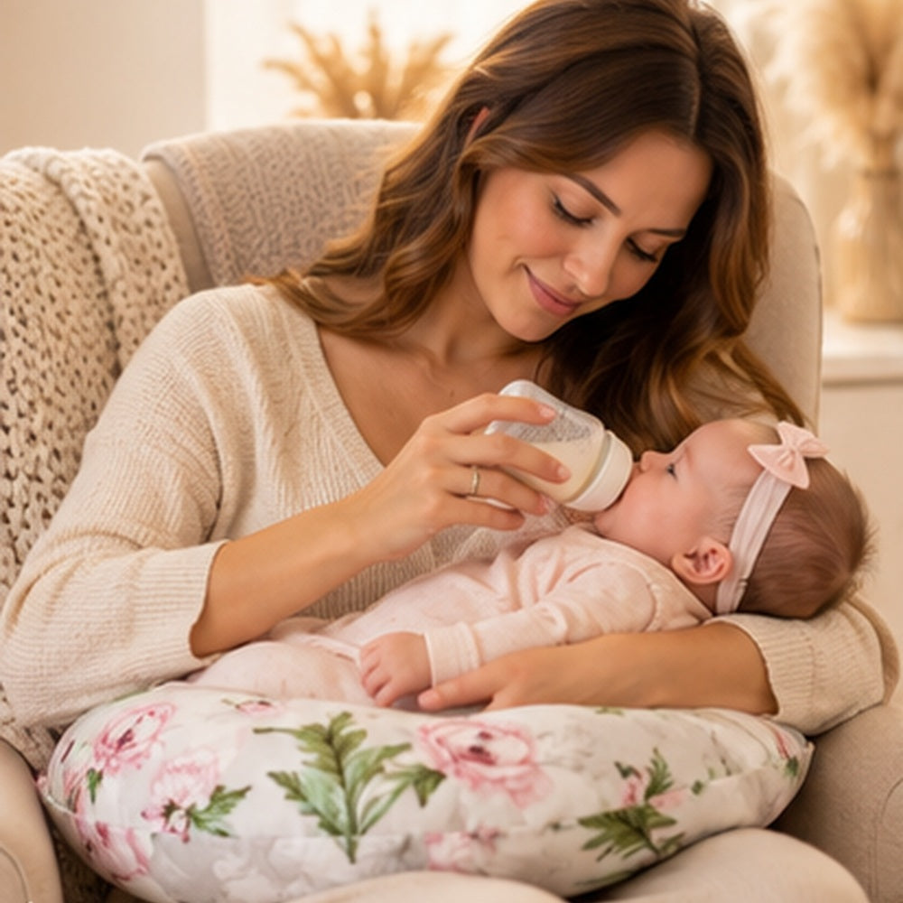 Baby Feeding Pillow + Removable Cover Cotton Newborn Peony and Butterflies
