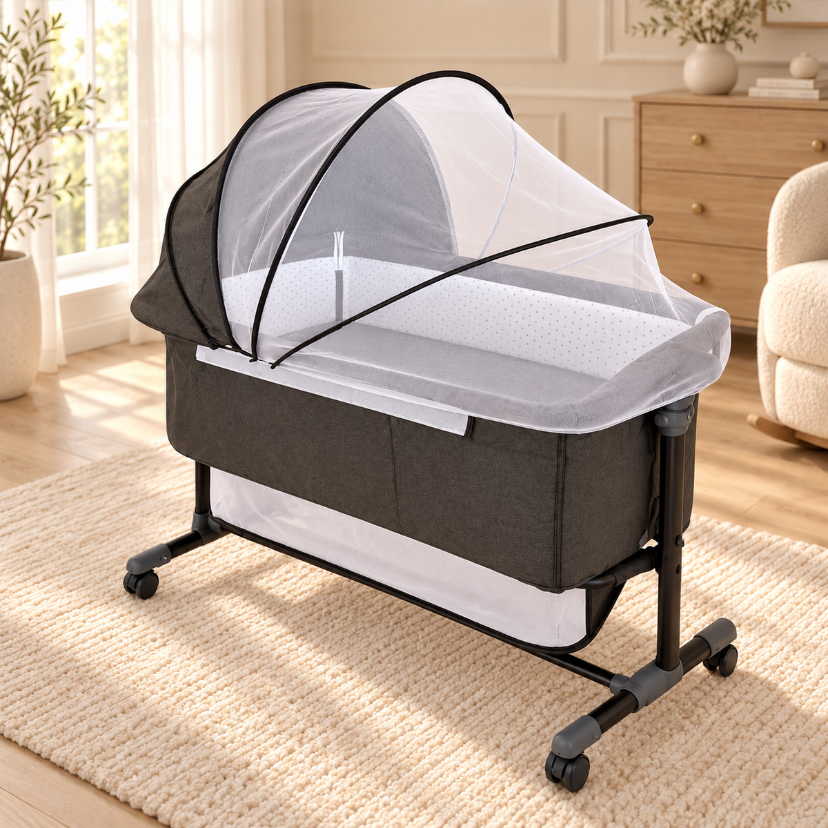 BABYMAM Milo Folding Bedside Crib with Mattress, Mosquito Net & Storage Basket – Grey