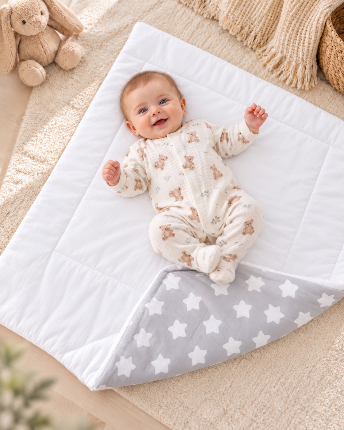 Baby Swaddle Wrap Newborn Bedding Blanket 100% Cotton Sleeping Bag Big White Stars On Grey - MyHappy Baby
