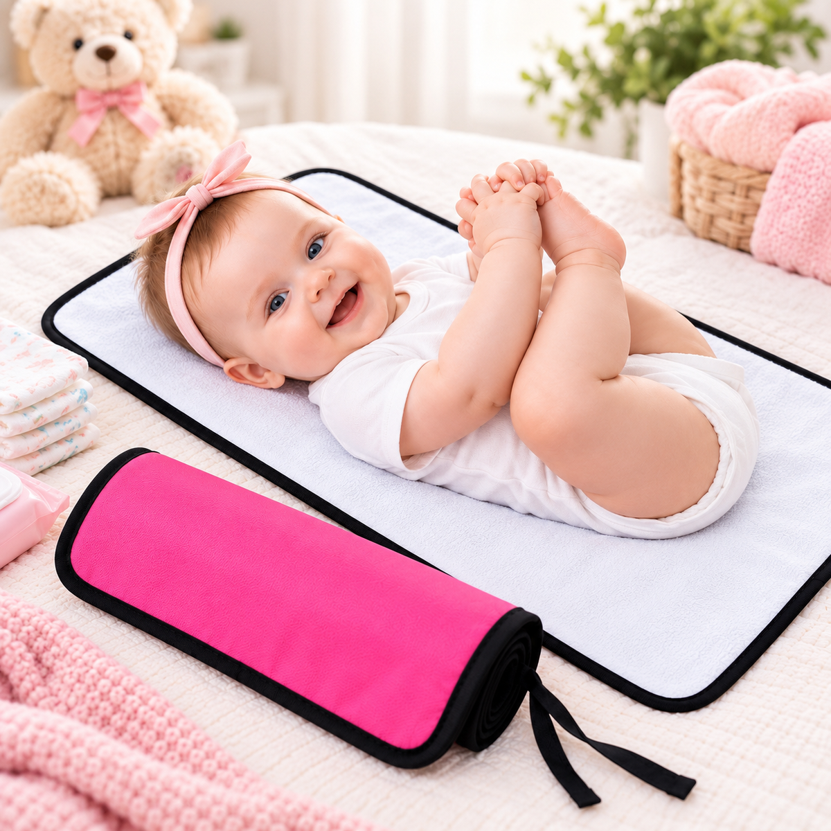 Portable Baby Changing Mat  Waterproof, Reversible & Foldable Travel Nappy Changing Pad (Pink)