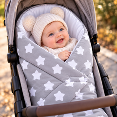 Baby Swaddle Wrap Newborn Bedding Blanket 100% Cotton Sleeping Bag Big White Stars On Grey - MyHappy Baby