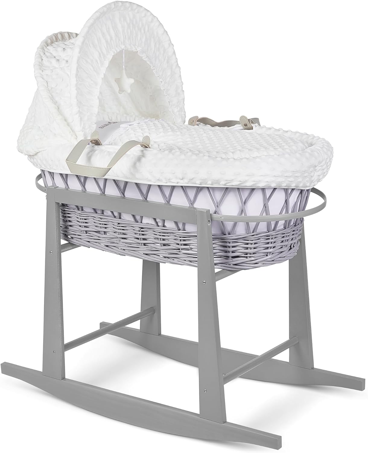 Luxury Moses Basket Padded Wicker Baby Full Set Rocking Grey Handle/White