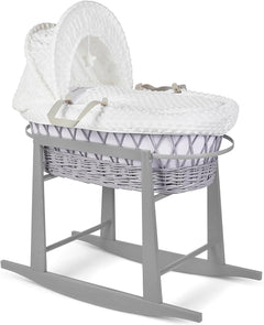 Luxury Moses Basket Padded Wicker Baby Full Set Rocking Grey Handle/White - MyHappy Baby