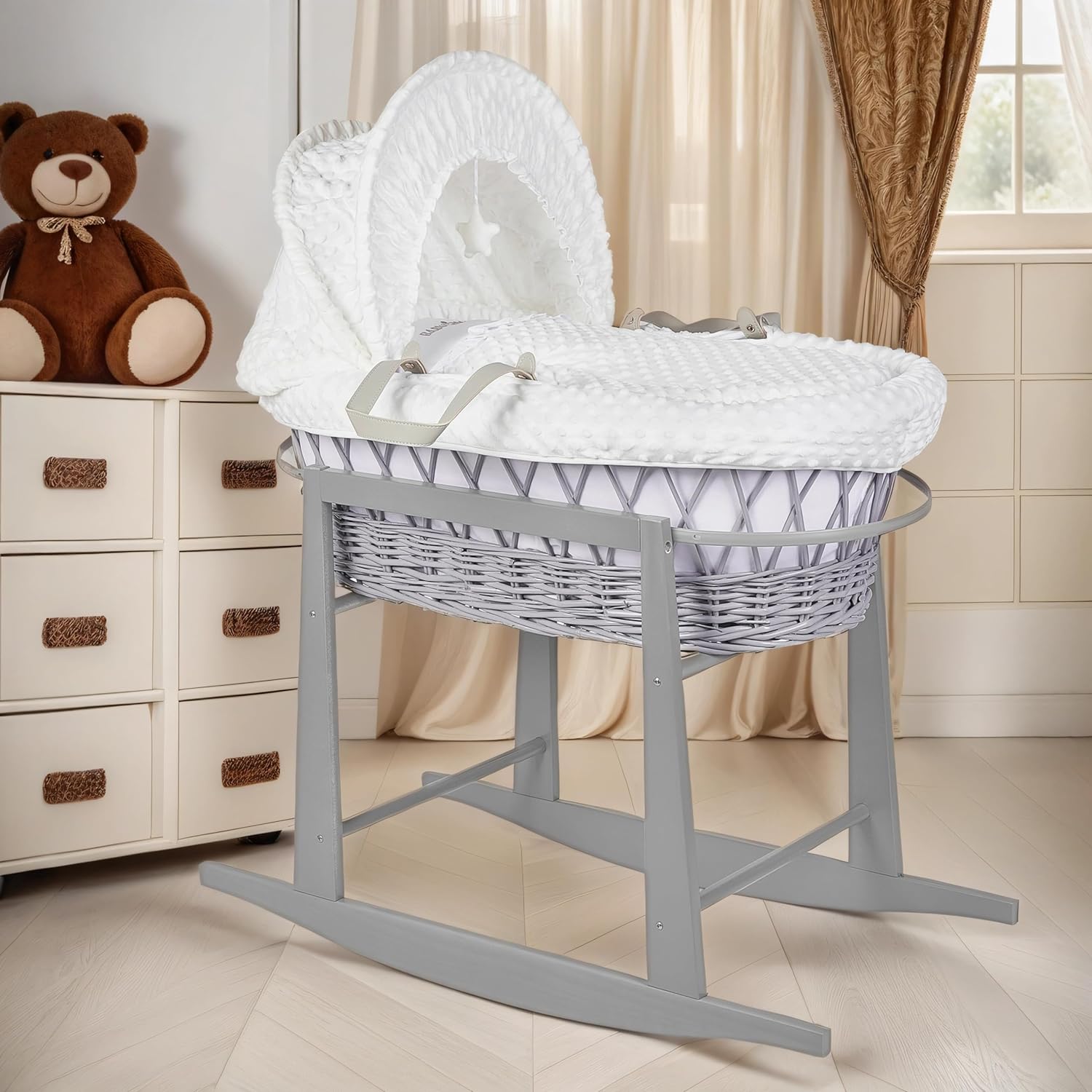 Luxury Moses Basket Padded Wicker Baby Full Set Rocking Grey Handle/White