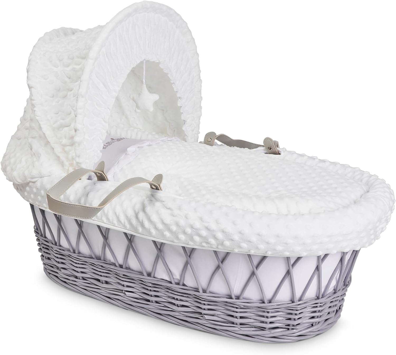 Luxury Moses Basket Padded Wicker Baby Full Set Rocking Grey Handle/White