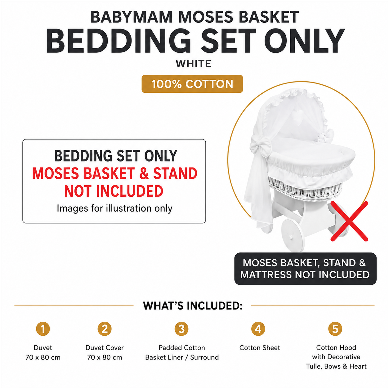 BABY MAM Moses Basket Bedding & Dressing Set ONLY with Hood, Liner, Duvet & Sheet 100% Cotton Fits Wicker Moses Baskets MOSES BASKET & STAND NOT INCLUDED (White) - MyHappy Baby