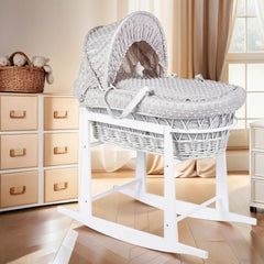 Luxury Moses Basket Padded Wicker Baby Full Set Rocking Stand White Handle/Grey - MyHappy Baby