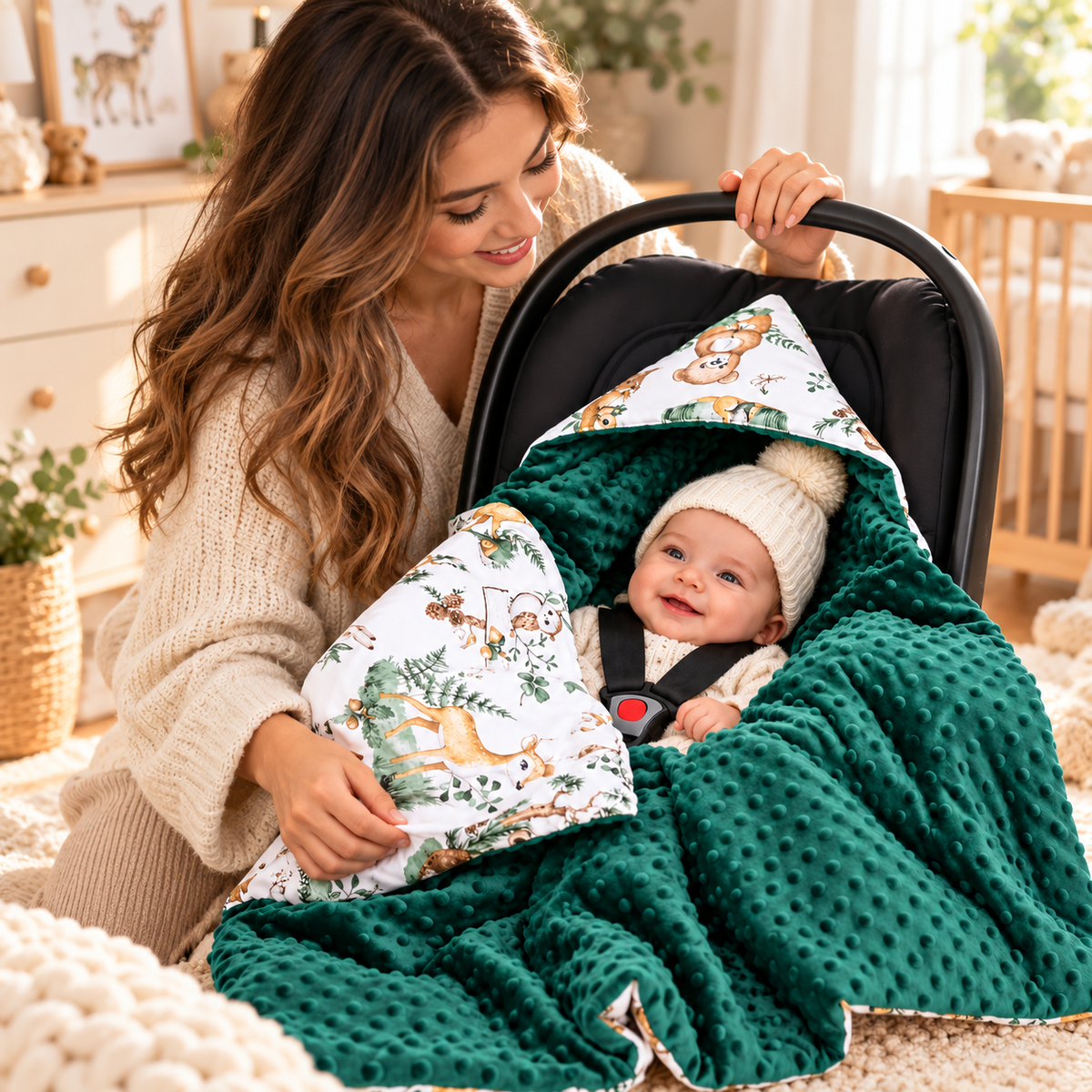 Baby Car Seat Hooded Blanket Double-sided Snuggle Swaddle Wrap Green / Animals in the Forest