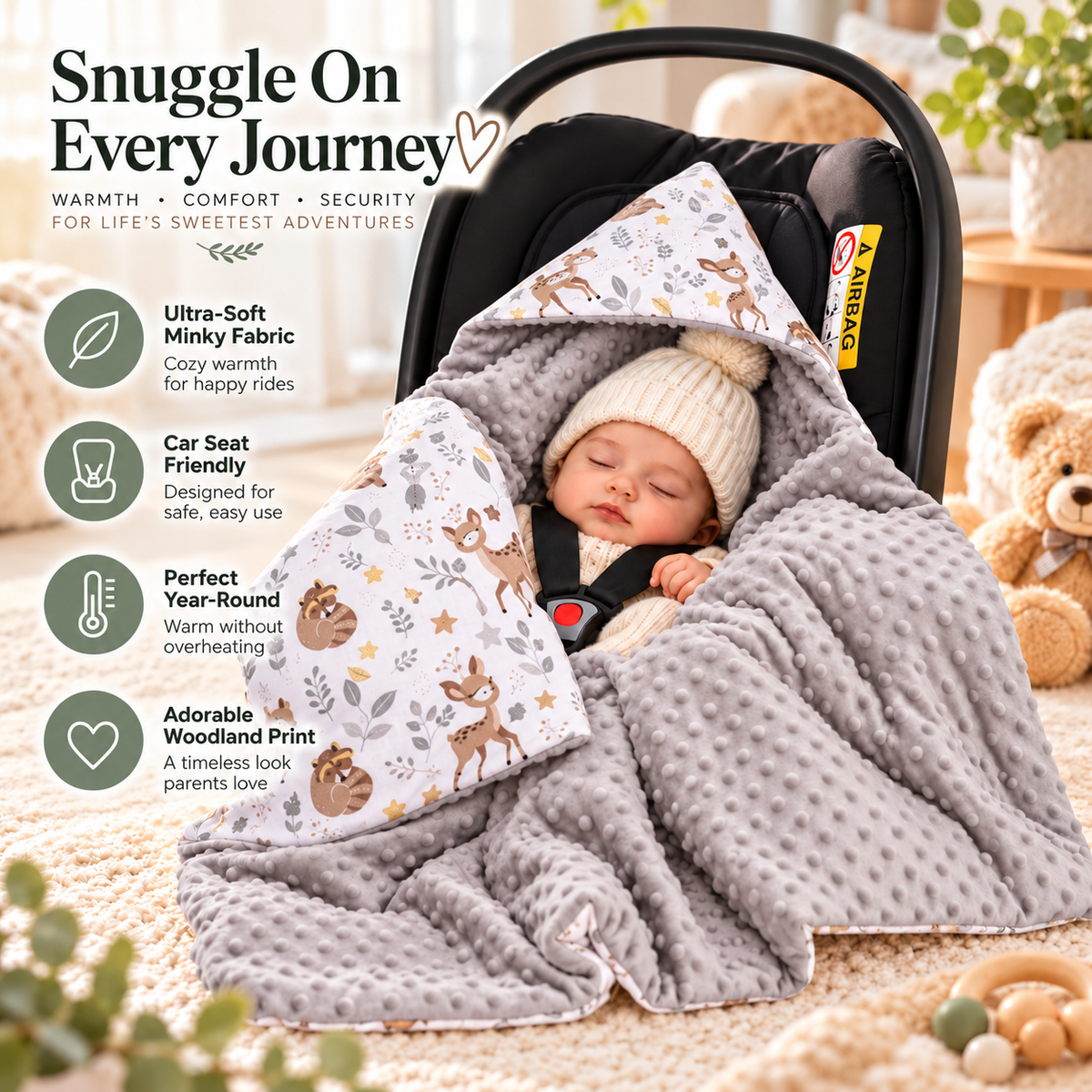 Baby Car Seat Deer and Friends Hooded Blanket Double-sided Snuggle Swaddle Wrap