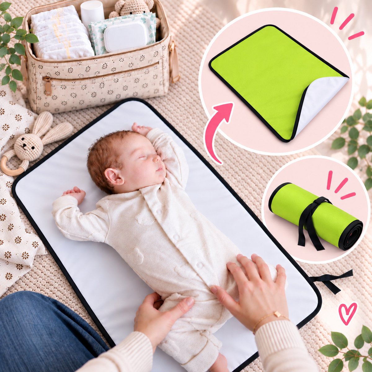 Portable Baby Changing Mat  Waterproof, Reversible & Foldable Travel Nappy Changing Pad (Green)