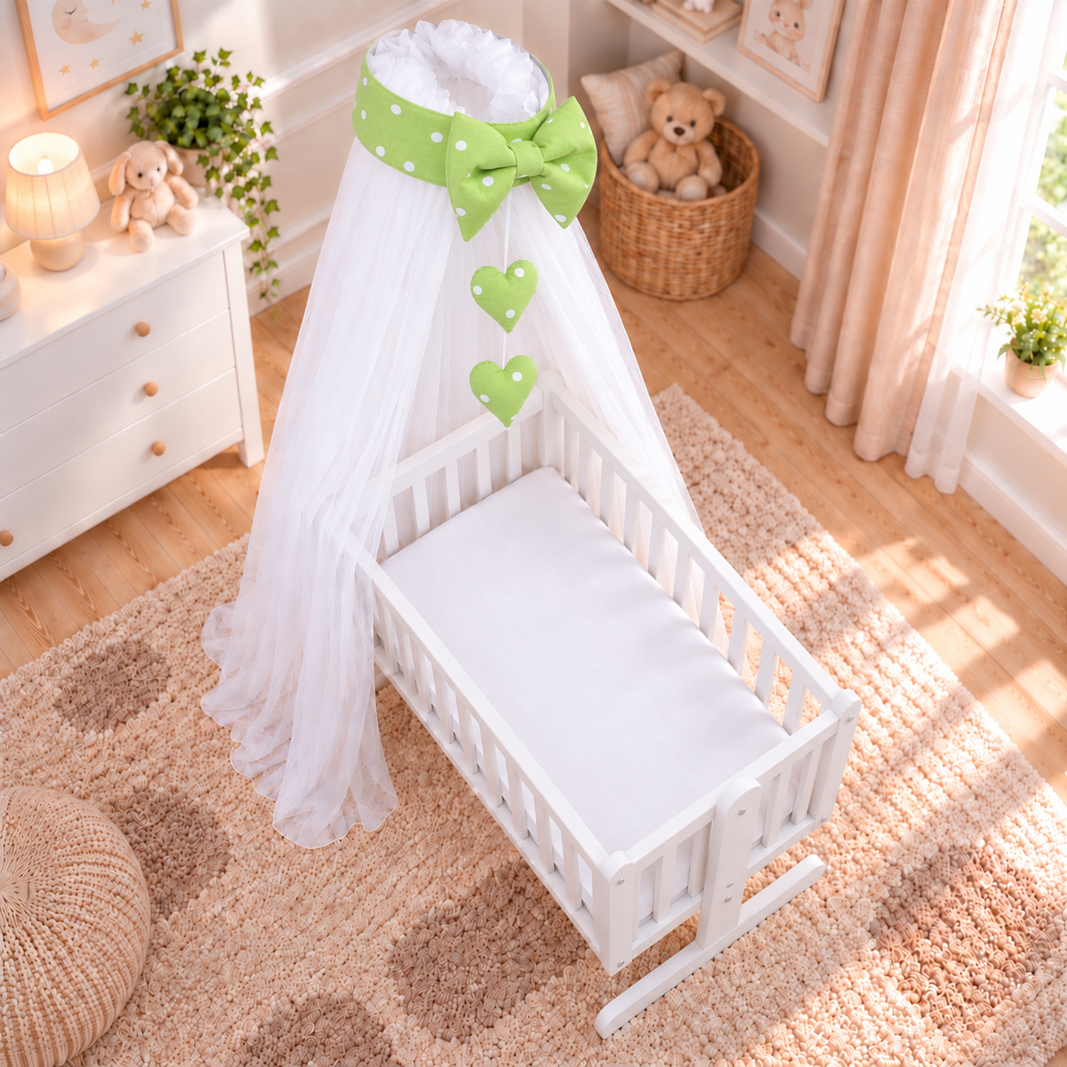 Baby Crib Canopy Mosquito Net with Holder, Decorative Bow & Hanging Hearts – Safari green