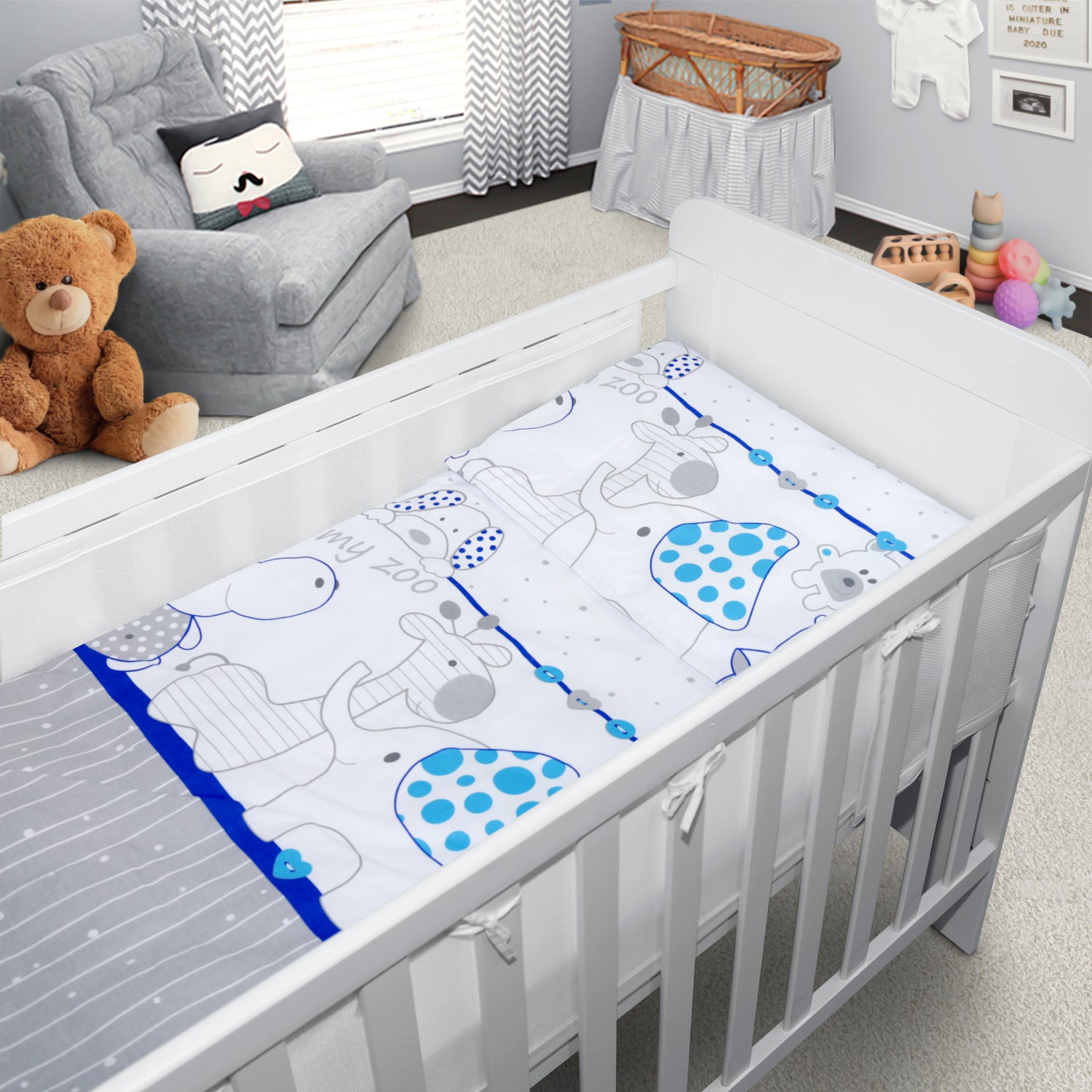 Baby Cot Bedding Set 5Pc Fit Cot 120x60cm Zoo Blue