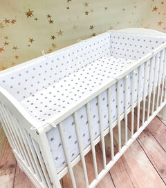 Baby Bedding Set 6pc All-round Bumper Fit Cot 120x60cm 100% Cotton Small Grey Stars With White - MyHappy Baby