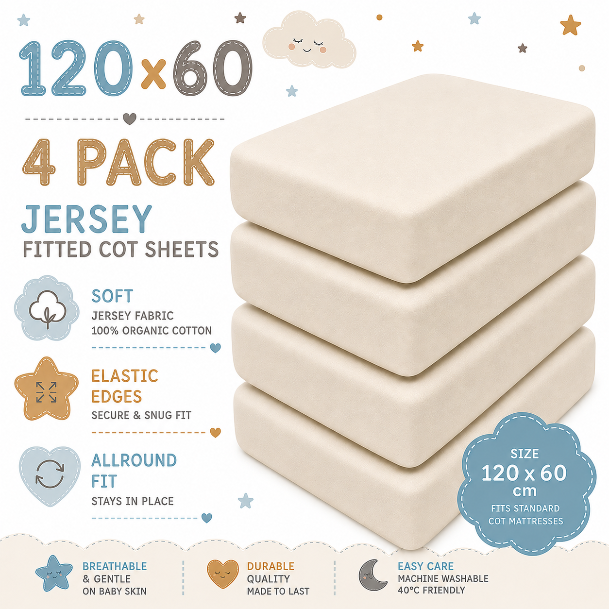 BABYMAM 4 Pack Cot Fitted Sheets 120x60 cm, 100% Organic Jersey Cotton Baby Cot Sheets, Soft Breathable Baby Bedding, Elasticated Mattress Covers (Beige)