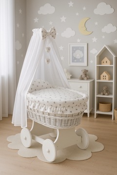 White Wicker Wheels Moses Basket Baby+Full Bedding Set Grey stars on white - MyHappy Baby