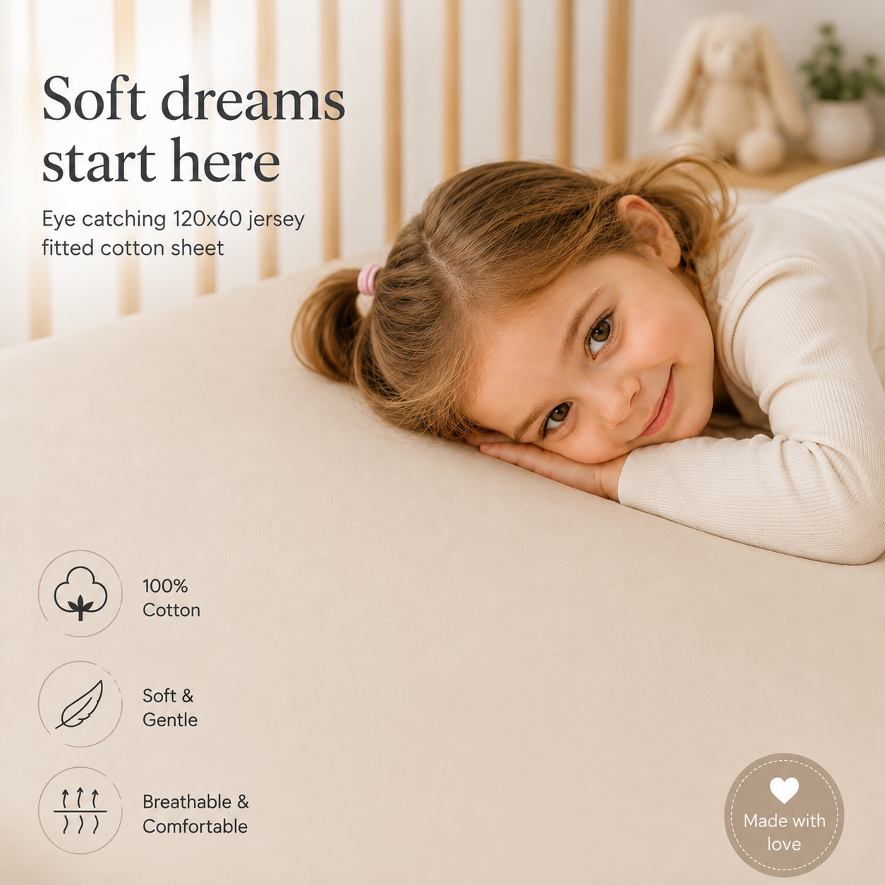 BABYMAM 4 Pack Cot Fitted Sheets 120x60 cm, 100% Organic Jersey Cotton Baby Cot Sheets, Soft Breathable Baby Bedding, Elasticated Mattress Covers (Beige)