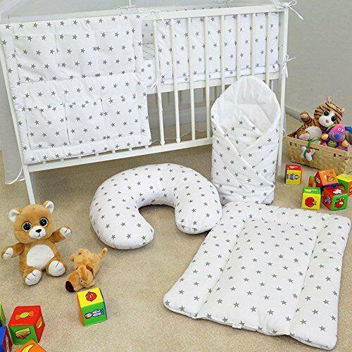 BABYMAM Baby Bedding Set Essential 17pcs 120x90 Cot with Drawer and Mattress Small Grey on White