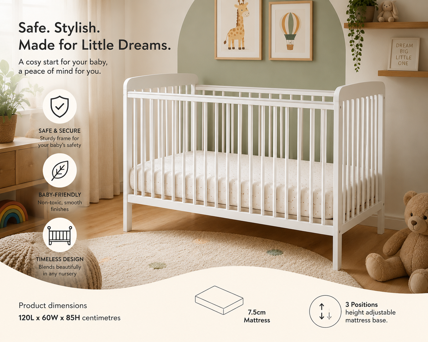 Luxury Baby Cot Crib Bed Free Mattress 120x60cm Newborn White