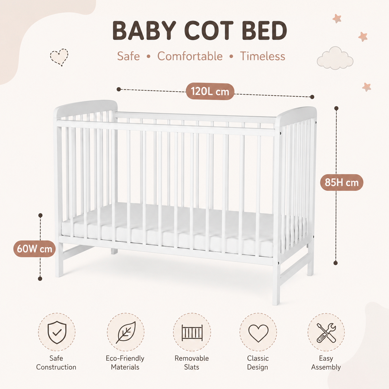 Luxury Baby Cot Crib Bed Free Mattress 120x60cm Newborn White