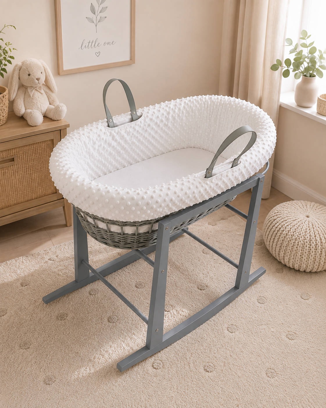 Grey Wicker Moses Basket with Rocking Stand Complete 5-Piece Set (White)