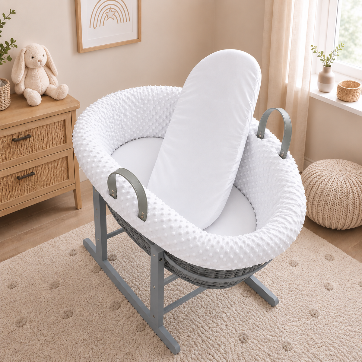 Grey Wicker Moses Basket with Rocking Stand Complete 5-Piece Set (White)