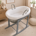 Grey Wicker Moses Basket with Rocking Stand Complete 5-Piece Set (White)