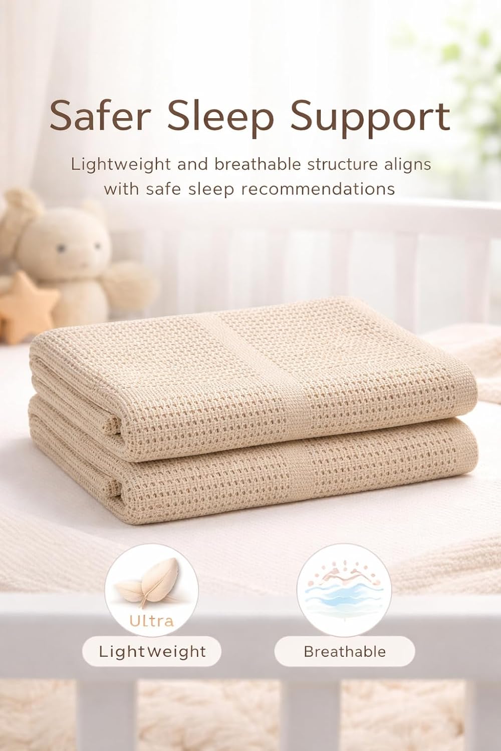 Cellular Baby Blanket 90x70 cm, Safe Nights, Organic 100% Cotton, Pack of 2, Breathable Newborn Blanket, Soft Nursery, Baby Bedding (Beige)