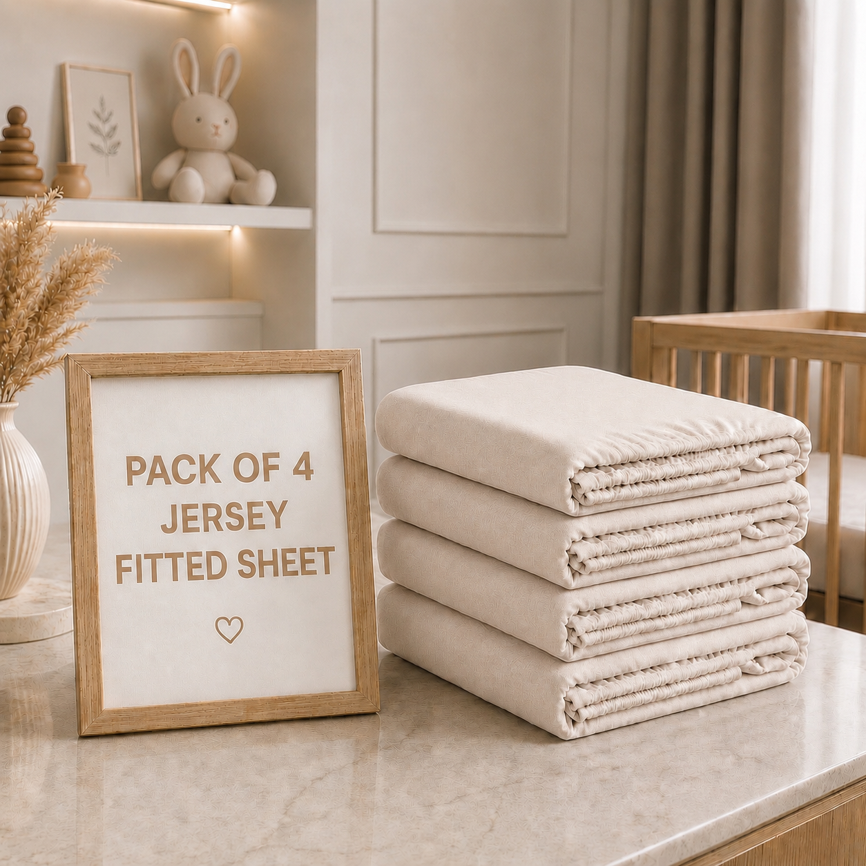 BABYMAM 4 Pack Cot Fitted Sheets 120x60 cm, 100% Organic Jersey Cotton Baby Cot Sheets, Soft Breathable Baby Bedding, Elasticated Mattress Covers (Beige)