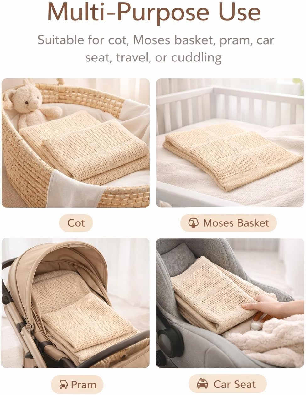 Cellular Baby Blanket 90x70 cm, Safe Nights, Organic 100% Cotton, Pack of 2, Breathable Newborn Blanket, Soft Nursery, Baby Bedding (Beige)
