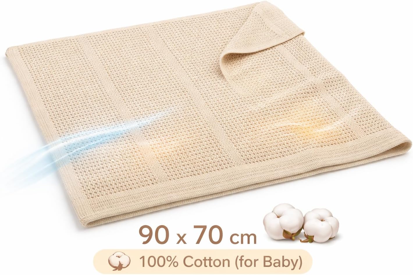 Cellular Baby Blanket 90x70 cm, Safe Nights, Organic 100% Cotton, Pack of 2, Breathable Newborn Blanket, Soft Nursery, Baby Bedding (Beige)
