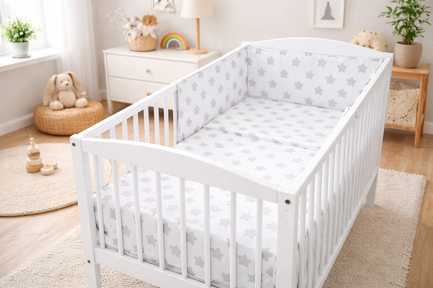 Baby 3Pc Bedding Set Pillow Duvet Bumper Fit Cotbed 140x70cm Big Grey Stars On White - MyHappy Baby