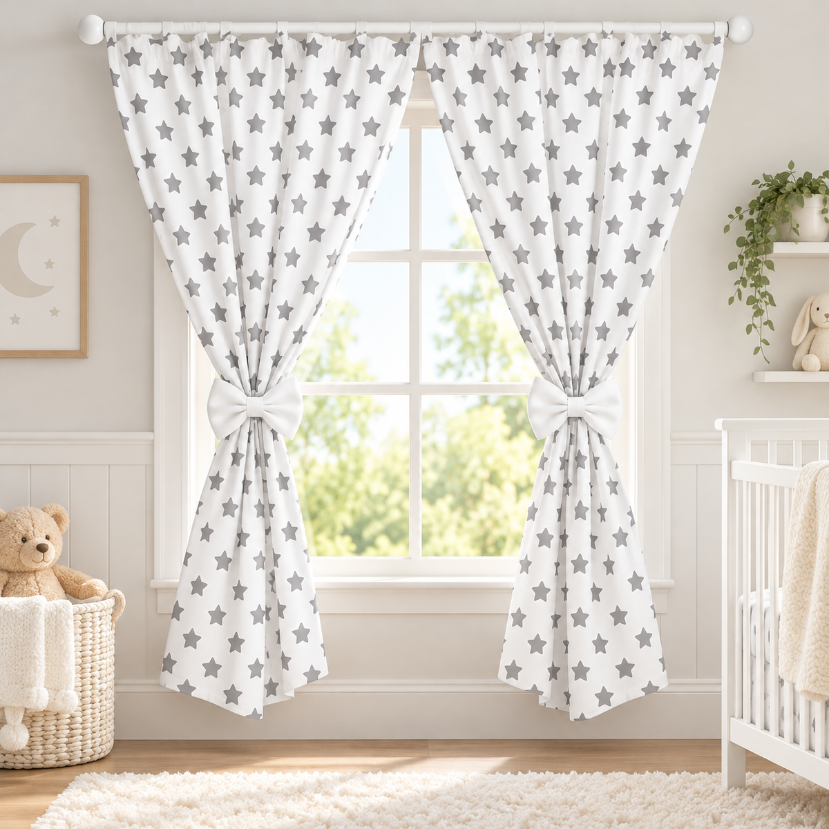Nursery Curtains for Babies & Toddler's Bedroom Big grey stars on white