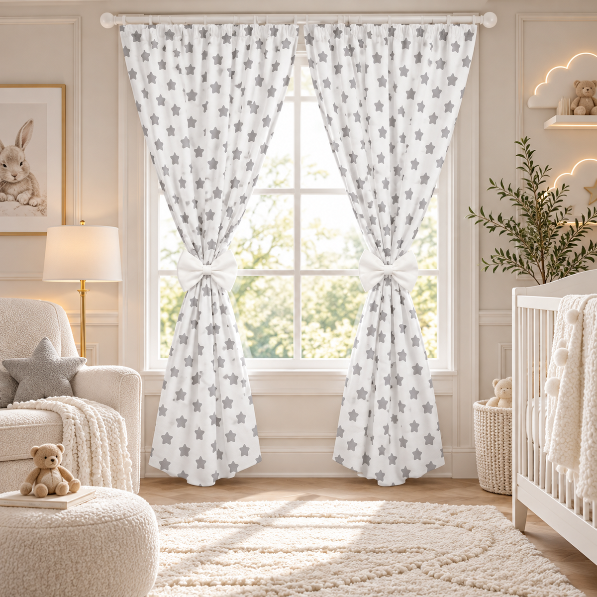 Nursery Curtains for Babies & Toddler's Bedroom Big grey stars on white