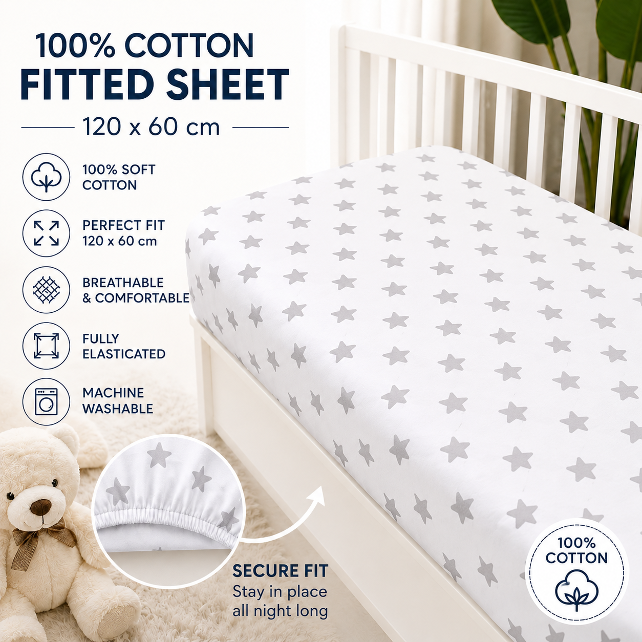 BABY FITTED COT SHEET PRINTED DESIGN COTTON MATTRESS 120x60cm Big stars on white