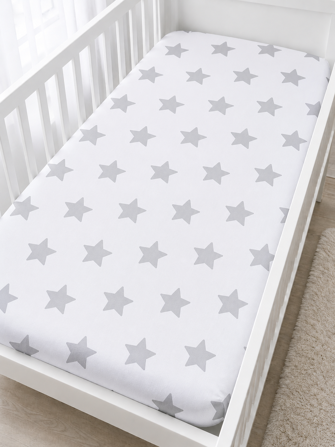 BABY FITTED COT SHEET PRINTED DESIGN COTTON MATTRESS 120x60cm Big stars on white