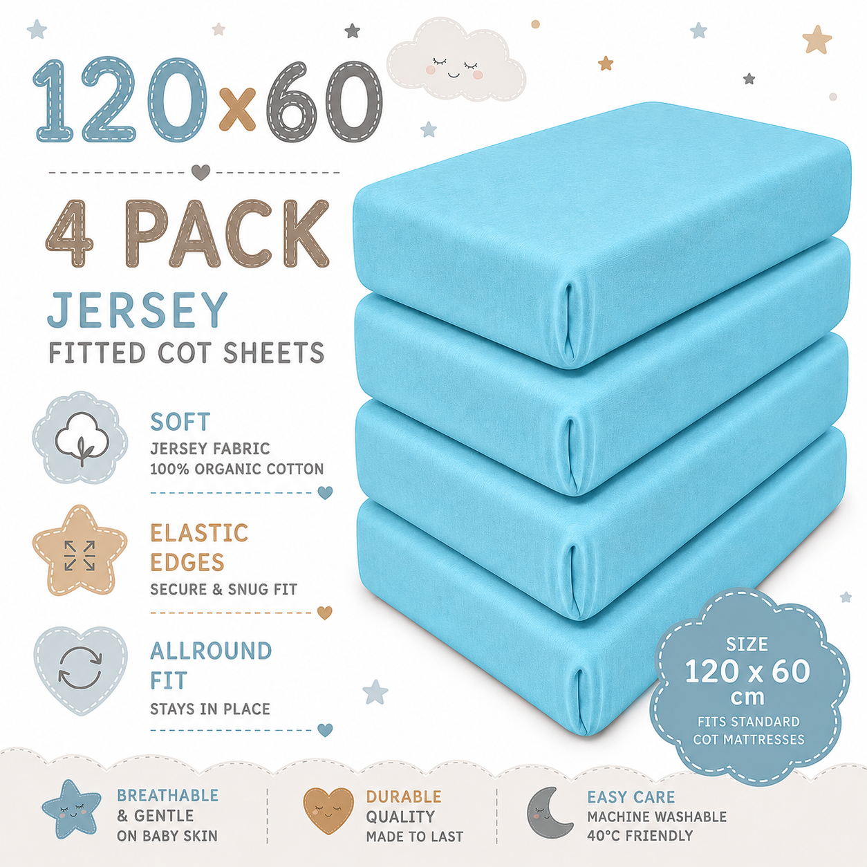 BABYMAM 4 Pack Cot Fitted Sheets 120x60 cm, 100% Organic Jersey Cotton Baby Cot Sheets, Soft Breathable Baby Bedding, Elasticated Mattress Covers (Blue)