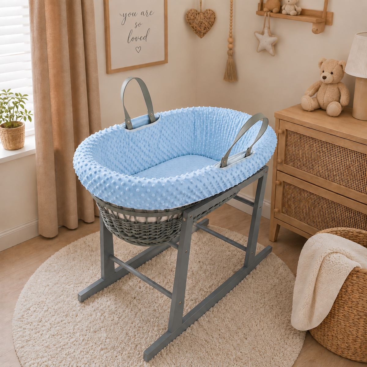 Grey Wicker Moses Basket with Rocking Stand Complete 5-Piece Set (Blue)
