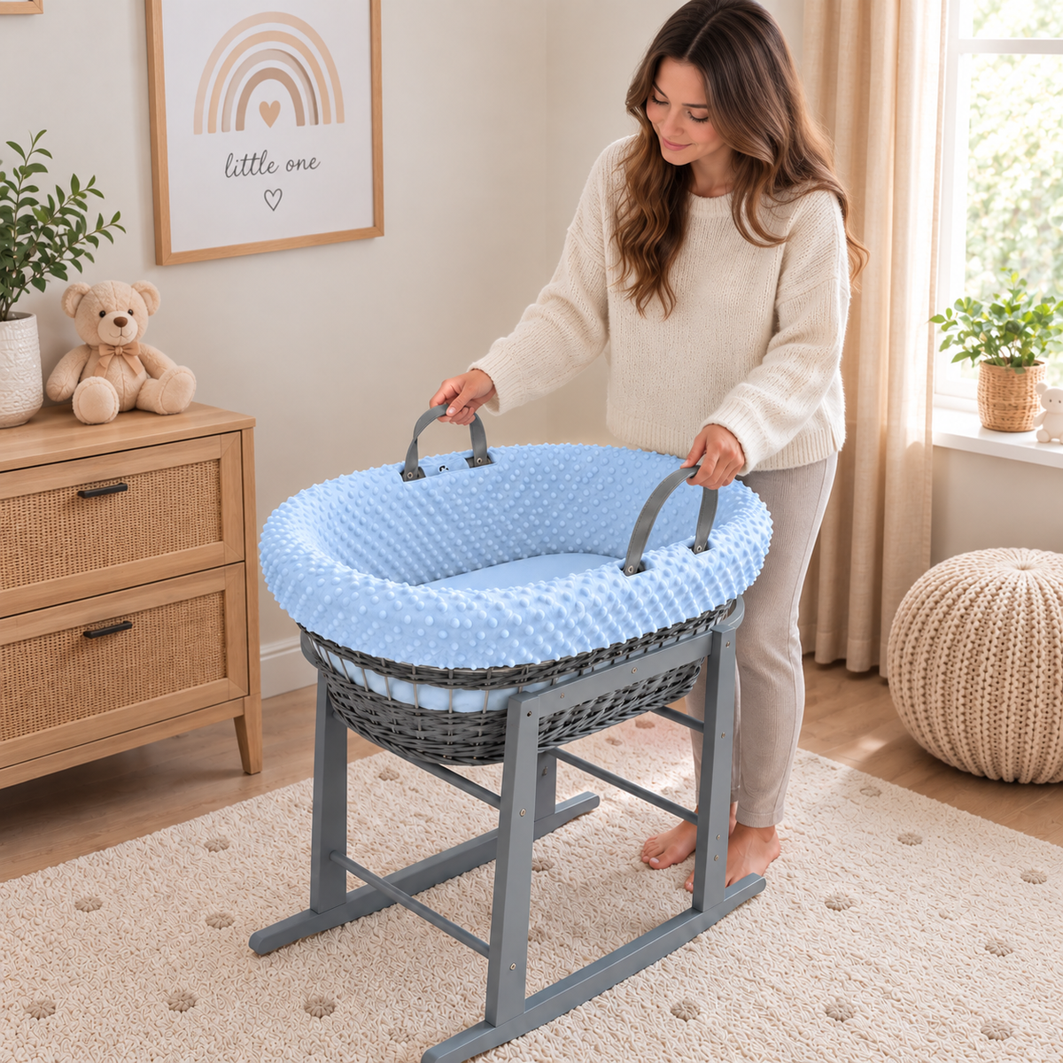 Grey Wicker Moses Basket with Rocking Stand Complete 5-Piece Set (Blue)
