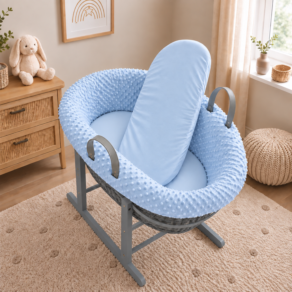 Grey Wicker Moses Basket with Rocking Stand Complete 5-Piece Set (Blue)