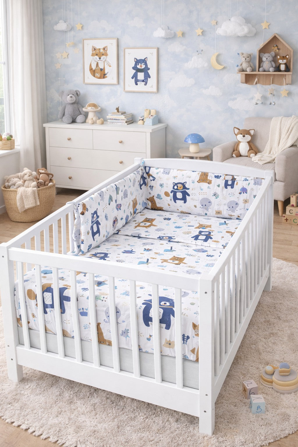 3Pc Baby Bedding Set Bumper Pillowcase Duvet Cover Fit Cot 120x60cm BOHO Animals Navy