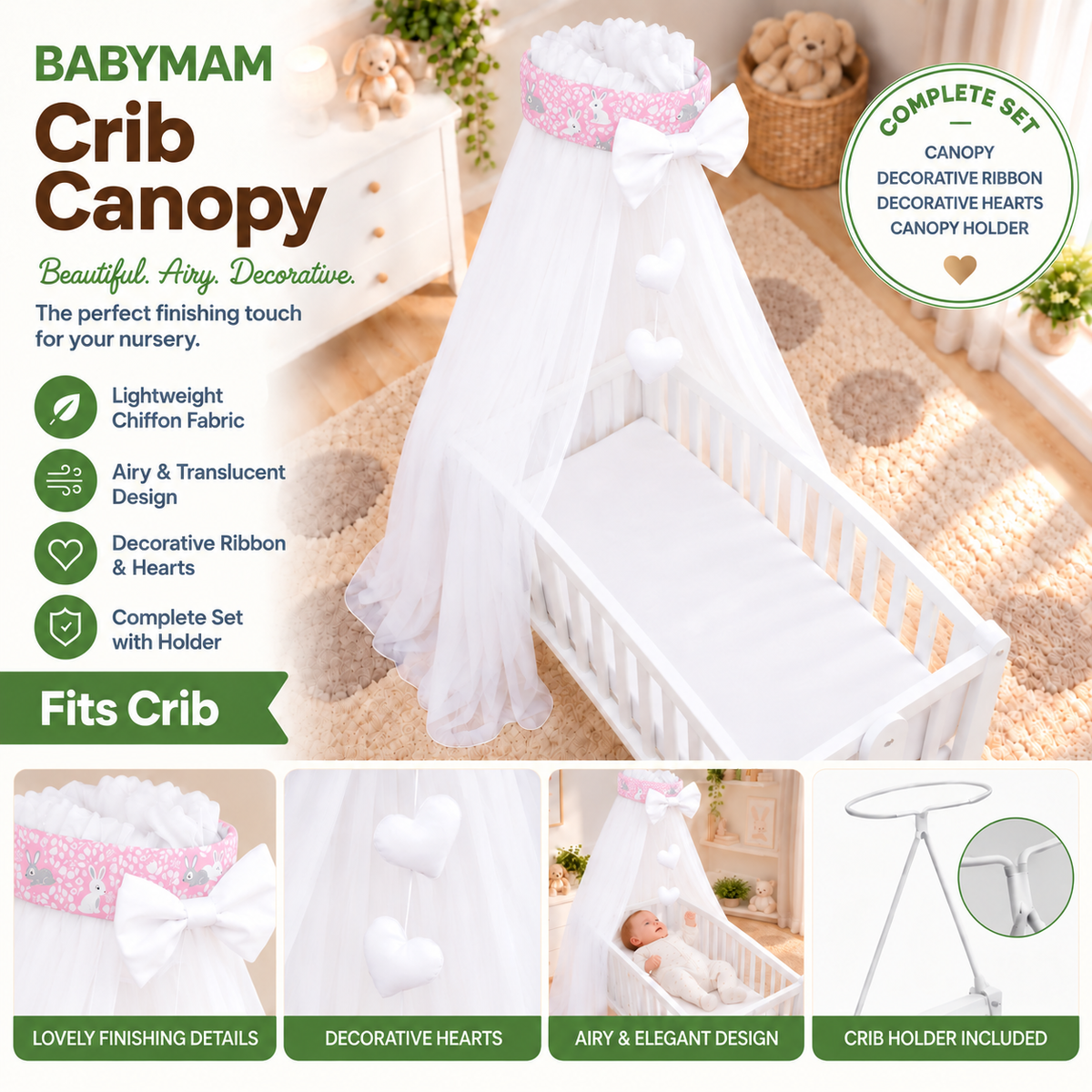 Baby Crib Canopy Mosquito Net with Holder, Decorative Bow & Hanging Hearts – Bunny Pink