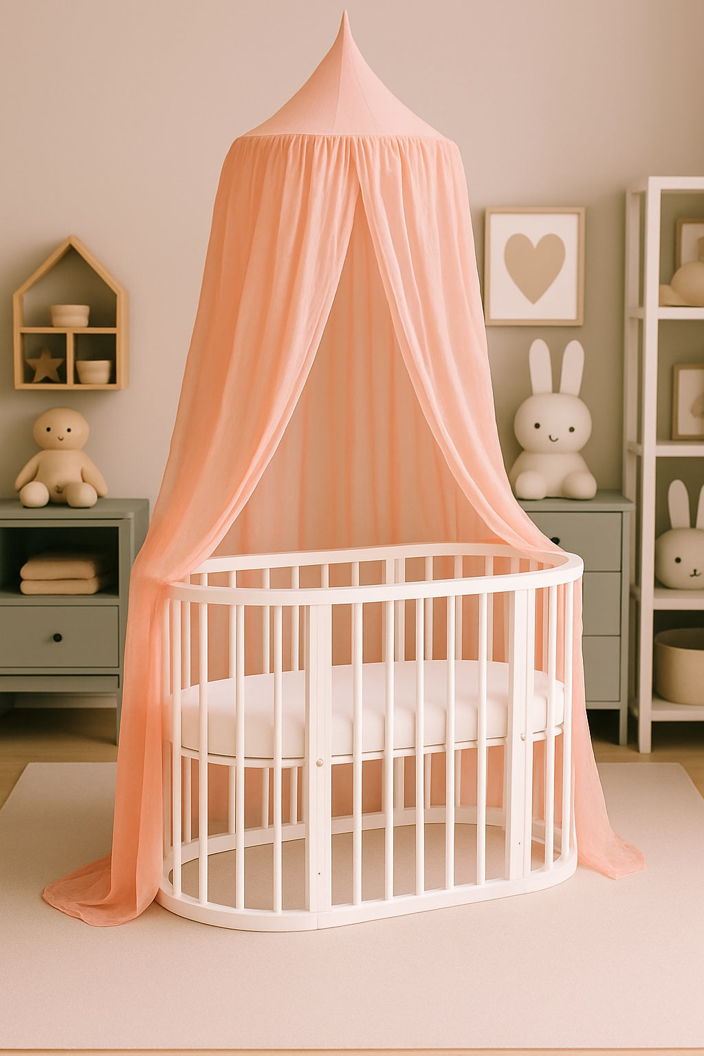 BABYMAM Snoa Oval Baby Cot – White Convertible Crib with Mattress