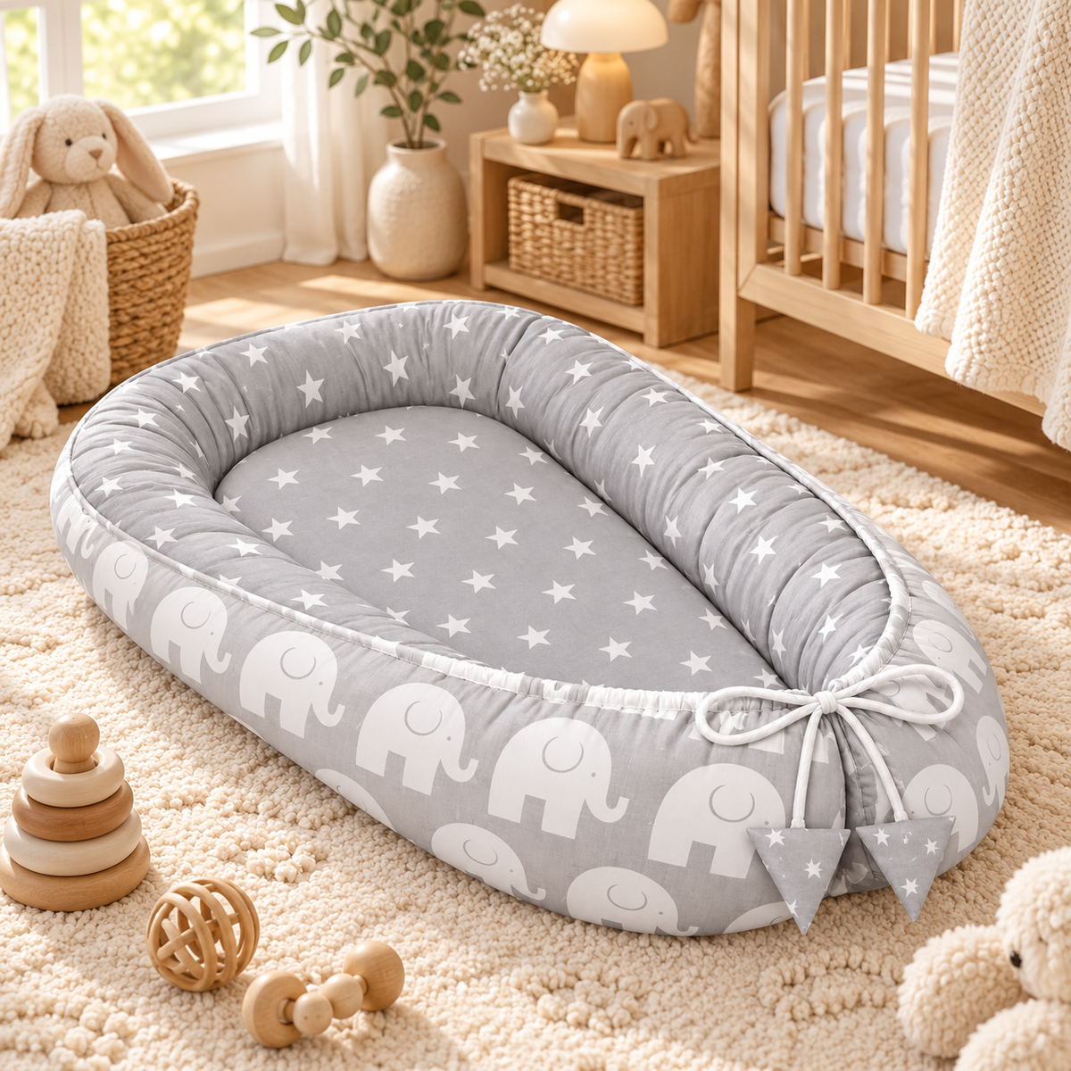Baby Cocoon Nest  Double-Sided Reversible Baby Lounger with Removable Insert Elephants grey/Small stars