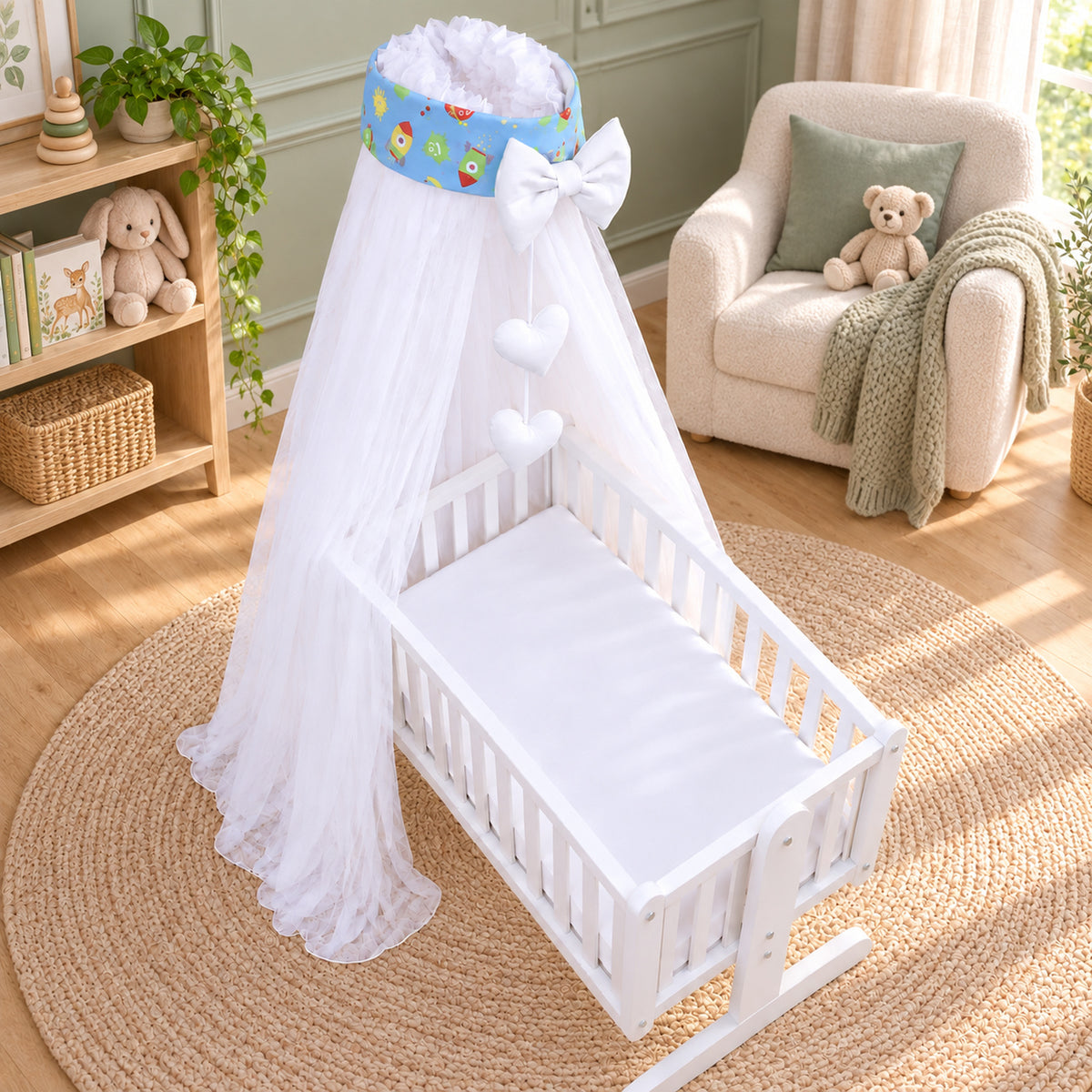 Baby Crib Canopy Mosquito Net with Holder, Decorative Bow & Hanging Hearts – Cosmos