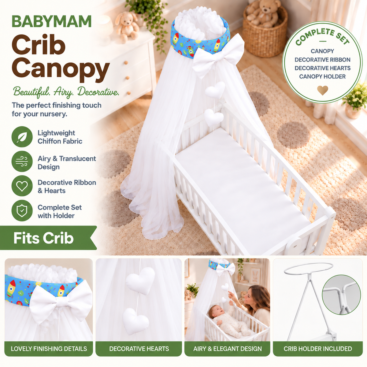 Baby Crib Canopy Mosquito Net with Holder, Decorative Bow & Hanging Hearts – Cosmos