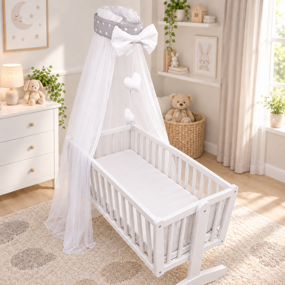 Baby Crib Canopy Mosquito Net with Holder, Decorative Bow & Hanging Hearts – mall white stars on grey