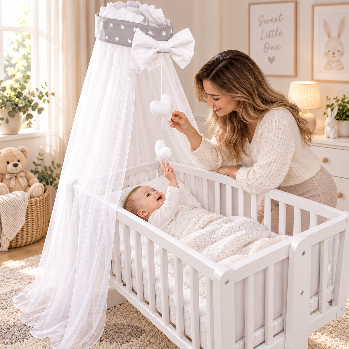Baby Crib Canopy Mosquito Net with Holder, Decorative Bow & Hanging Hearts – mall white stars on grey